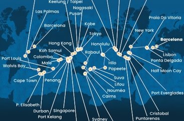 Španělsko, Portugalsko, USA, Bahamy, Panama, Kostarika, Guatemala, Mexiko, Havaj, Francouzská Polynésie, Fidži, Nová Kaledonie, Austrálie, Papua Nová Guinea, Honšú, Kjúšú, Jižní Korea, Tchaj-wan, Čína, Vietnam, Thajsko, Singapur, Malajsie, Penang, Srí Lanka, Maledivy, Mauricius, Jihoafrická republika, Namibie, Sao Vincente, Gran Canaria z Barcelony na lodi Costa Deliziosa