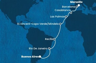Argentina, Brazílie, Kapverdy, Španělsko, Maroko, Francie z Buenos Aires na lodi Costa Favolosa
