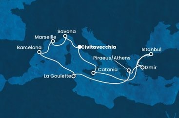 Itálie, Turecko, Řecko, Tunisko, Španělsko, Francie z Civitavecchia na lodi Costa Fortuna