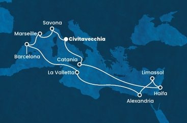 Itálie, Izrael, Kypr, Egypt, Malta, Španělsko, Francie z Civitavecchia na lodi Costa Diadema