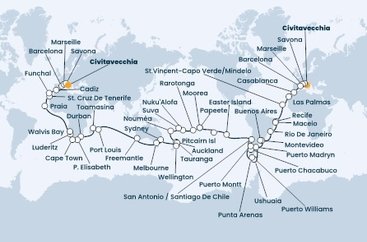 Itálie, Francie, Španělsko, Maroko, Kapverdy, Brazílie, Uruguay, Argentina, Chile, Zámořské území Velké Británie, Francouzská Polynésie, Cookovy ostrovy, Tonga, Fidži, Nová Kaledonie, Nový Zéland, Austrálie, Mauricius, Madagaskar, Jihoafrická republika, Namibie, Portugalsko z Civitavecchia na lodi Costa Deliziosa