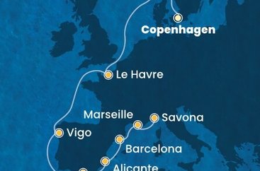 Dánsko, Norsko, Francie, Španělsko, Itálie z Kodaně na lodi Costa Diadema
