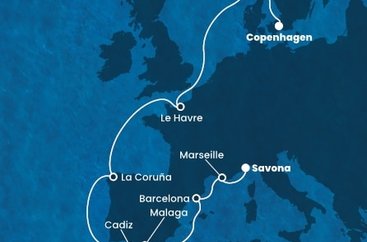 Dánsko, Norsko, Francie, Španělsko, Itálie z Kodaně na lodi Costa Diadema