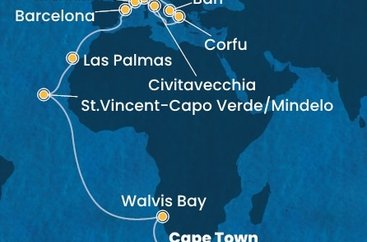 Jihoafrická republika, Namibie, Kapverdy, Španělsko, Francie, Itálie, Řecko z Kapského Města na lodi Costa Deliziosa