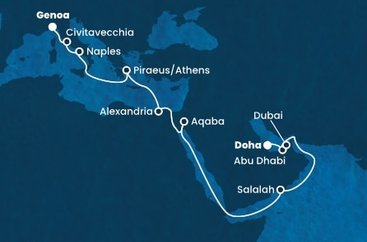 Katar, Spojené arabské emiráty, Omán, Jordánsko, Egypt, Řecko, Itálie z Dohy na lodi Costa Smeralda