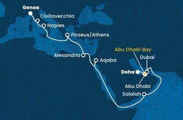 Katar, Spojené arabské emiráty, , Omán, Jordánsko, Egypt, Řecko, Itálie z Dohy na lodi Costa Smeralda