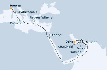 Katar, Omán, Spojené arabské emiráty, Jordánsko, Řecko, Itálie z Dohy na lodi Costa Toscana