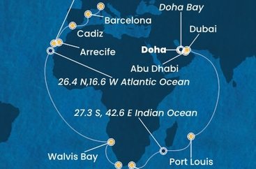 Katar, Spojené arabské emiráty, Mauricius, Jihoafrická republika, Namibie, Španělsko, Itálie z Dohy na lodi Costa Toscana