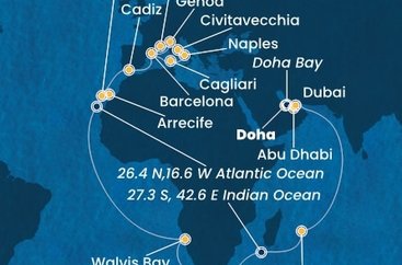 Katar, Spojené arabské emiráty, Mauricius, Jihoafrická republika, Namibie, Španělsko, Itálie, Francie z Dohy na lodi Costa Toscana