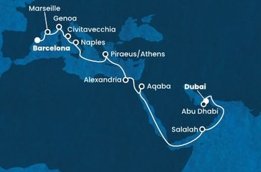 Spojené arabské emiráty, Omán, Jordánsko, Egypt, Řecko, Itálie, Francie, Španělsko z Dubaje na lodi Costa Smeralda