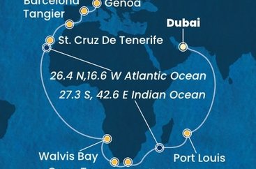 Spojené arabské emiráty, Mauricius, Jihoafrická republika, Namibie, Španělsko, Maroko, Itálie z Dubaje na lodi Costa Smeralda
