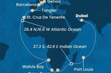 Spojené arabské emiráty, Mauricius, Jihoafrická republika, Namibie, Španělsko, Maroko, Itálie, Francie z Dubaje na lodi Costa Smeralda