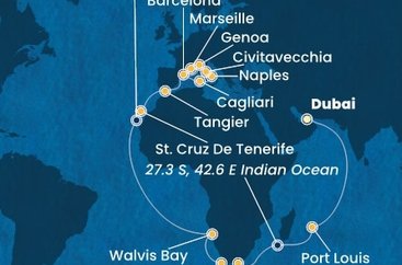 Spojené arabské emiráty, Mauricius, Jihoafrická republika, Namibie, Španělsko, Maroko, Itálie, Francie z Dubaje na lodi Costa Smeralda