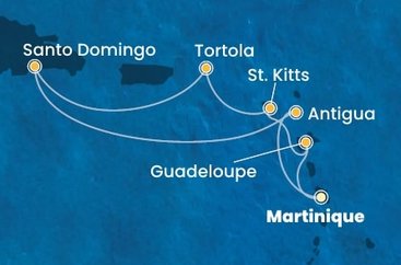 Martinik, Guadeloupe, Svatý Kryštof a Nevis, Britské Panenské ostrovy, Dominikánská republika, Antigua a Barbuda z Fort-de-France, Martinik na lodi Costa Favolosa