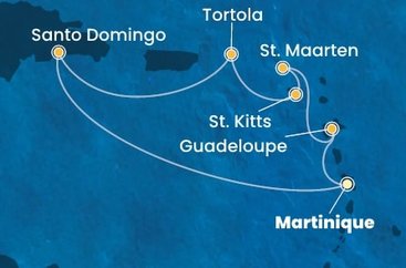 Martinik, Guadeloupe, Svatý Martin, Svatý Kryštof a Nevis, Britské Panenské ostrovy, Dominikánská republika z Fort-de-France, Martinik na lodi Costa Favolosa