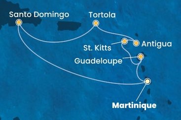 Martinik, Guadeloupe, Svatý Kryštof a Nevis, Antigua a Barbuda, Britské Panenské ostrovy, Dominikánská republika z Fort-de-France, Martinik na lodi Costa Favolosa