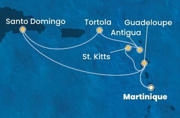 Martinik, Guadeloupe, Svatý Kryštof a Nevis, Antigua a Barbuda, Britské Panenské ostrovy, Dominikánská republika z Fort-de-France, Martinik na lodi Costa Favolosa