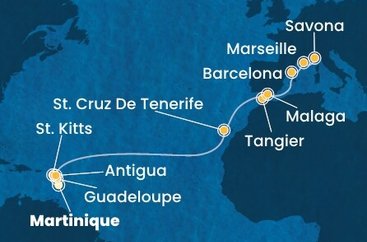 Martinik, Guadeloupe, Svatý Kryštof a Nevis, Antigua a Barbuda, Španělsko, Maroko, Francie, Itálie z Fort-de-France, Martinik na lodi Costa Favolosa