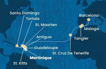 Martinik, Guadeloupe, Svatý Kryštof a Nevis, Britské Panenské ostrovy, Dominikánská republika, Svatý Martin, Antigua a Barbuda, Španělsko, Maroko z Fort-de-France, Martinik na lodi Costa Favolosa