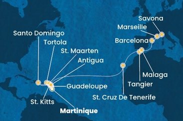 Martinik, Guadeloupe, Svatý Kryštof a Nevis, Britské Panenské ostrovy, Dominikánská republika, Svatý Martin, Antigua a Barbuda, Španělsko, Maroko, Francie, Itálie z Fort-de-France, Martinik na lodi Costa Favolosa