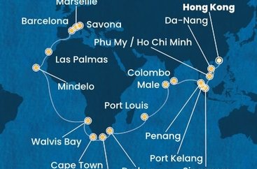 Čína, Vietnam, Singapur, Malajsie, Srí Lanka, Maledivy, Mauricius, Jihoafrická republika, Namibie, Kapverdy, Španělsko, Francie, Itálie z Hong Kongu na lodi Costa Deliziosa