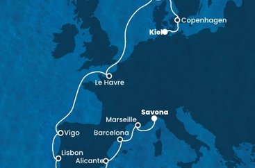 Německo, Dánsko, Norsko, Francie, Španělsko, Portugalsko, Itálie z Kielu na lodi Costa Diadema