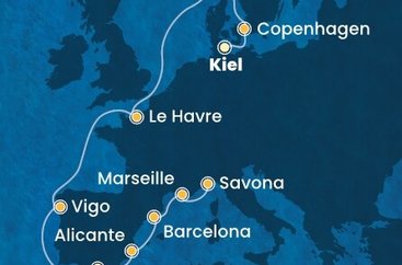 Německo, Dánsko, Norsko, Francie, Španělsko, Itálie z Kielu na lodi Costa Diadema