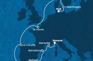 Německo, Dánsko, Norsko, Francie, Španělsko, Itálie z Kielu na lodi Costa Diadema