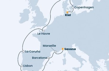 Německo, Dánsko, Norsko, Francie, Španělsko, Portugalsko, Itálie z Kielu na lodi Costa Firenze