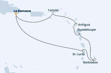 Dominikánská republika, Svatá Lucie, Barbados, Guadeloupe, Antigua a Barbuda, Britské Panenské ostrovy z La Romany na lodi Costa Pacifica