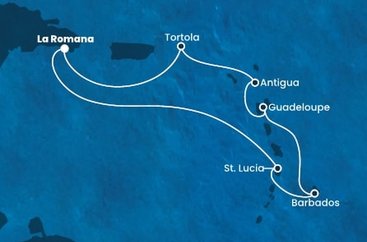 Dominikánská republika, Svatá Lucie, Barbados, Guadeloupe, Antigua a Barbuda, Britské Panenské ostrovy z La Romany na lodi Costa Fascinosa