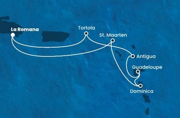 Dominikánská republika, Svatý Martin, Dominika, Guadeloupe, Antigua a Barbuda, Britské Panenské ostrovy z La Romany na lodi Costa Fascinosa