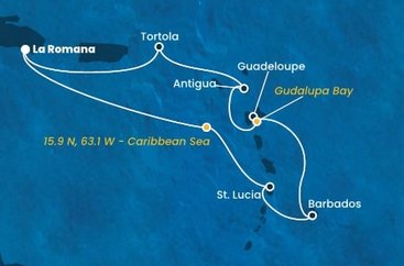 Dominikánská republika, , Svatá Lucie, Barbados, Guadeloupe, Antigua a Barbuda, Britské Panenské ostrovy z La Romany na lodi Costa Fascinosa