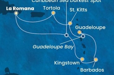 Dominikánská republika, Svatý Vincenc a Grenadiny, Barbados, Guadeloupe, Svatý Kryštof a Nevis, Britské Panenské ostrovy z La Romany na lodi Costa Fascinosa