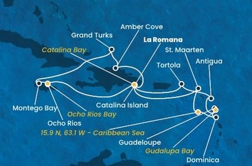 Dominikánská republika, Svatý Martin, , Dominika, Guadeloupe, Antigua a Barbuda, Britské Panenské ostrovy, Jamajka, Zámořské území Velké Británie z La Romany na lodi Costa Fascinosa