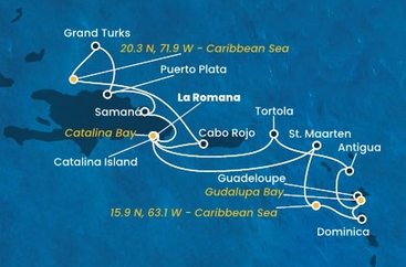Dominikánská republika, , Zámořské území Velké Británie, Svatý Martin, Dominika, Guadeloupe, Antigua a Barbuda, Britské Panenské ostrovy z La Romany na lodi Costa Fascinosa