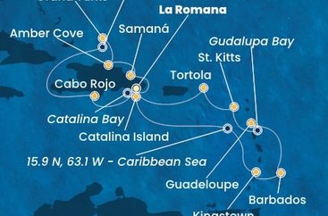 Dominikánská republika, Zámořské území Velké Británie, Svatý Vincenc a Grenadiny, Barbados, Guadeloupe, Zámořský departement Francie, Svatý Kryštof a Nevis, Britské Panenské ostrovy z La Romany na lodi Costa Pacifica
