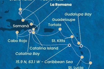 Dominikánská republika, Zámořské území Velké Británie, Svatá Lucie, Barbados, Guadeloupe, Zámořský departement Francie, Svatý Kryštof a Nevis, Britské Panenské ostrovy z La Romany na lodi Costa Pacifica