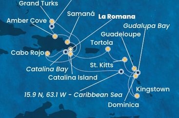 Dominikánská republika, Dominika, Svatý Vincenc a Grenadiny, Guadeloupe, Zámořský departement Francie, Svatý Kryštof a Nevis, Britské Panenské ostrovy, Zámořské území Velké Británie z La Romany na lodi Costa Pacifica