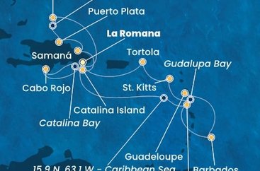 Dominikánská republika, Dominika, Barbados, Guadeloupe, Zámořský departement Francie, Svatý Kryštof a Nevis, Britské Panenské ostrovy, Zámořské území Velké Británie z La Romany na lodi Costa Pacifica