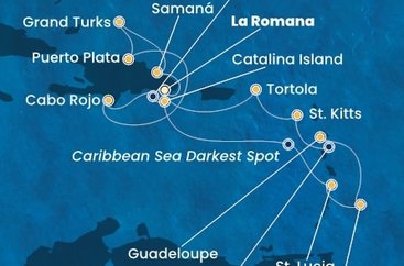 Dominikánská republika, Zámořské území Velké Británie, Svatá Lucie, Barbados, Guadeloupe, Svatý Kryštof a Nevis, Britské Panenské ostrovy z La Romany na lodi Costa Fascinosa