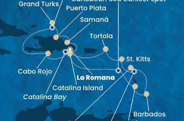 Dominikánská republika, Zámořské území Velké Británie, Svatá Lucie, Barbados, Guadeloupe, Svatý Kryštof a Nevis, Britské Panenské ostrovy z La Romany na lodi Costa Fascinosa