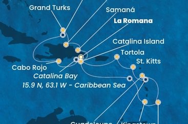 Dominikánská republika, Zámořské území Velké Británie, Svatý Vincenc a Grenadiny, Barbados, Guadeloupe, Svatý Kryštof a Nevis, Britské Panenské ostrovy z La Romany na lodi Costa Fascinosa