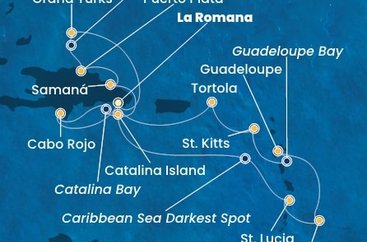 Dominikánská republika, Zámořské území Velké Británie, Svatá Lucie, Barbados, Guadeloupe, Svatý Kryštof a Nevis, Britské Panenské ostrovy z La Romany na lodi Costa Pacifica