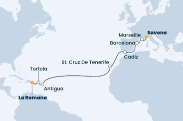 Dominikánská republika, Britské Panenské ostrovy, Antigua a Barbuda, Španělsko, Francie, Itálie z La Romany na lodi Costa Pacifica