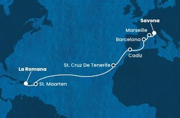 Dominikánská republika, Svatý Martin, Španělsko, Francie, Itálie z La Romany na lodi Costa Fascinosa