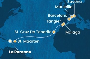 Dominikánská republika, Svatý Martin, Španělsko, Maroko, Francie, Itálie z La Romany na lodi Costa Fascinosa