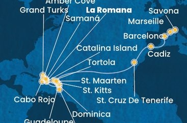 Dominikánská republika, Dominika, Svatý Vincenc a Grenadiny, Guadeloupe, Svatý Kryštof a Nevis, Britské Panenské ostrovy, Zámořské území Velké Británie, Svatý Martin, Španělsko, Francie, Itálie z La Romany na lodi Costa Pacifica
