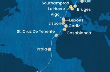 Brazílie, Kapverdy, Španělsko, Maroko, Portugalsko, Francie, Velká Británie, Belgie, Německo z Maceia na lodi Costa Diadema