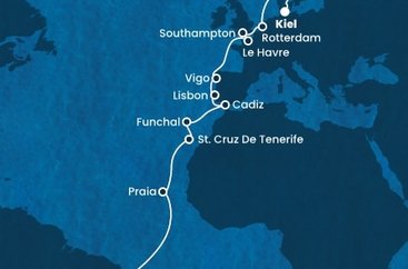Brazílie, Kapverdy, Španělsko, Portugalsko, Francie, Velká Británie, Nizozemsko, Německo z Maceia na lodi Costa Diadema